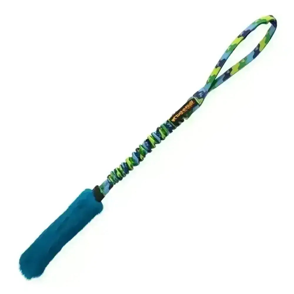 Blue and green camouflage dog toy with fuzzy tail and rope material for play hard