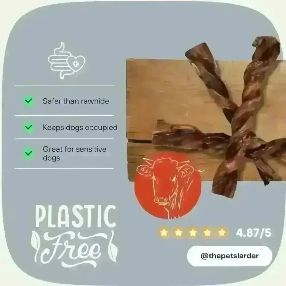 British Twisted Pizzle: brown twisted bull pizzle treat on wood with plastic-free label