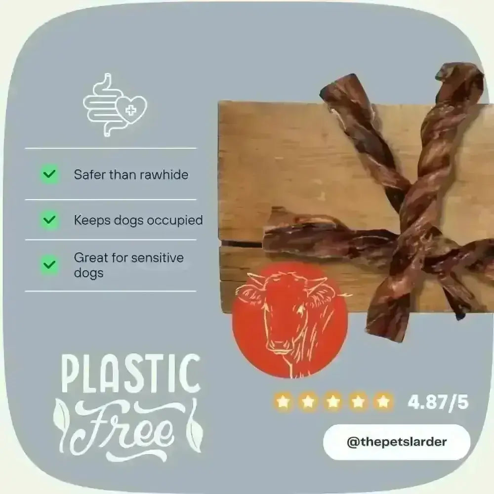 British Twisted Pizzle: brown twisted bull pizzle treat on wood with plastic-free label
