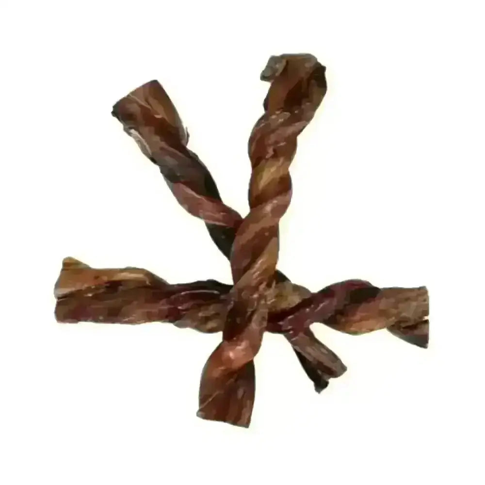 British Twisted Pizzle: natural pork twisted bull pizzle treat in brown and red hues