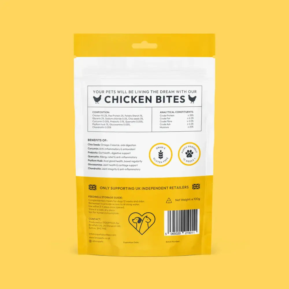 Bros Pets Chicken Bites 100g yellow white pouch with ingredients and benefits