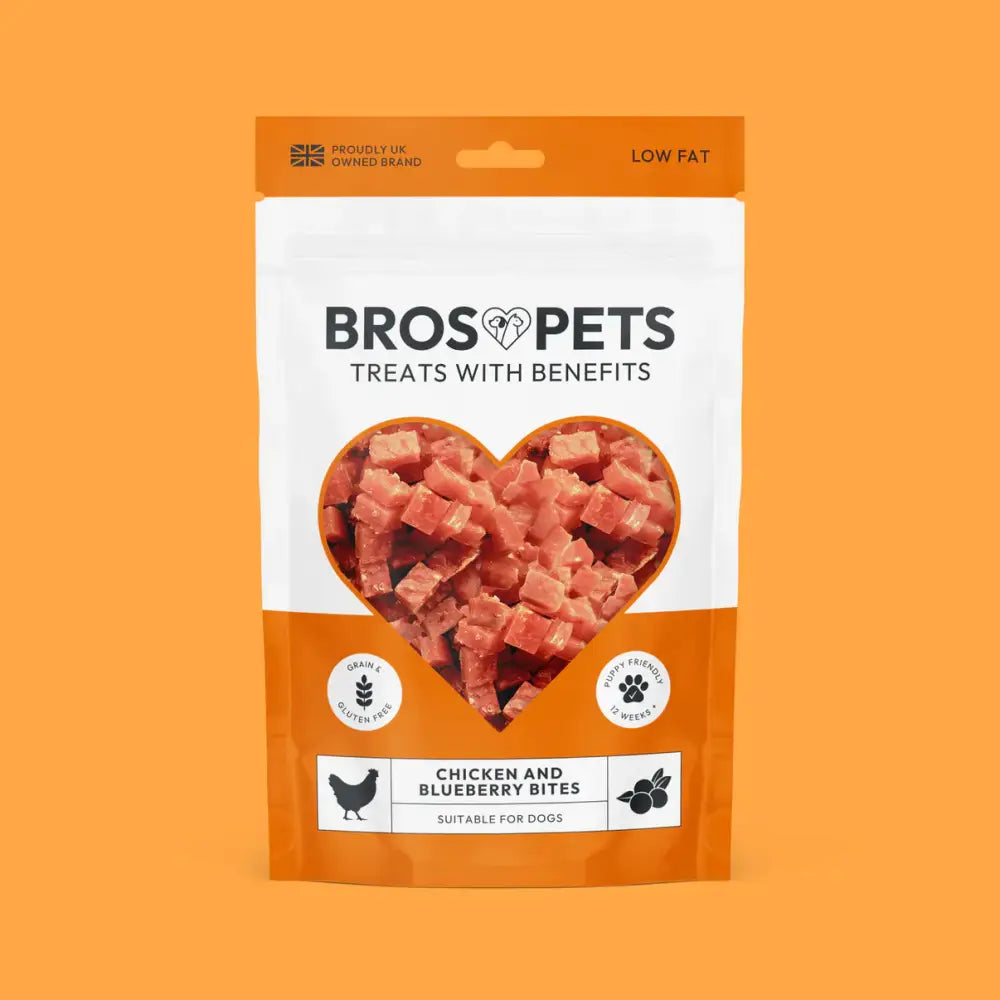 Bros Pets Chicken and Blueberry Bites 100g pouch with heart window