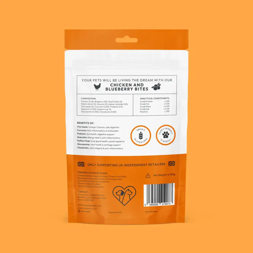 Bros Pets chicken and blueberry bites 100g pouch