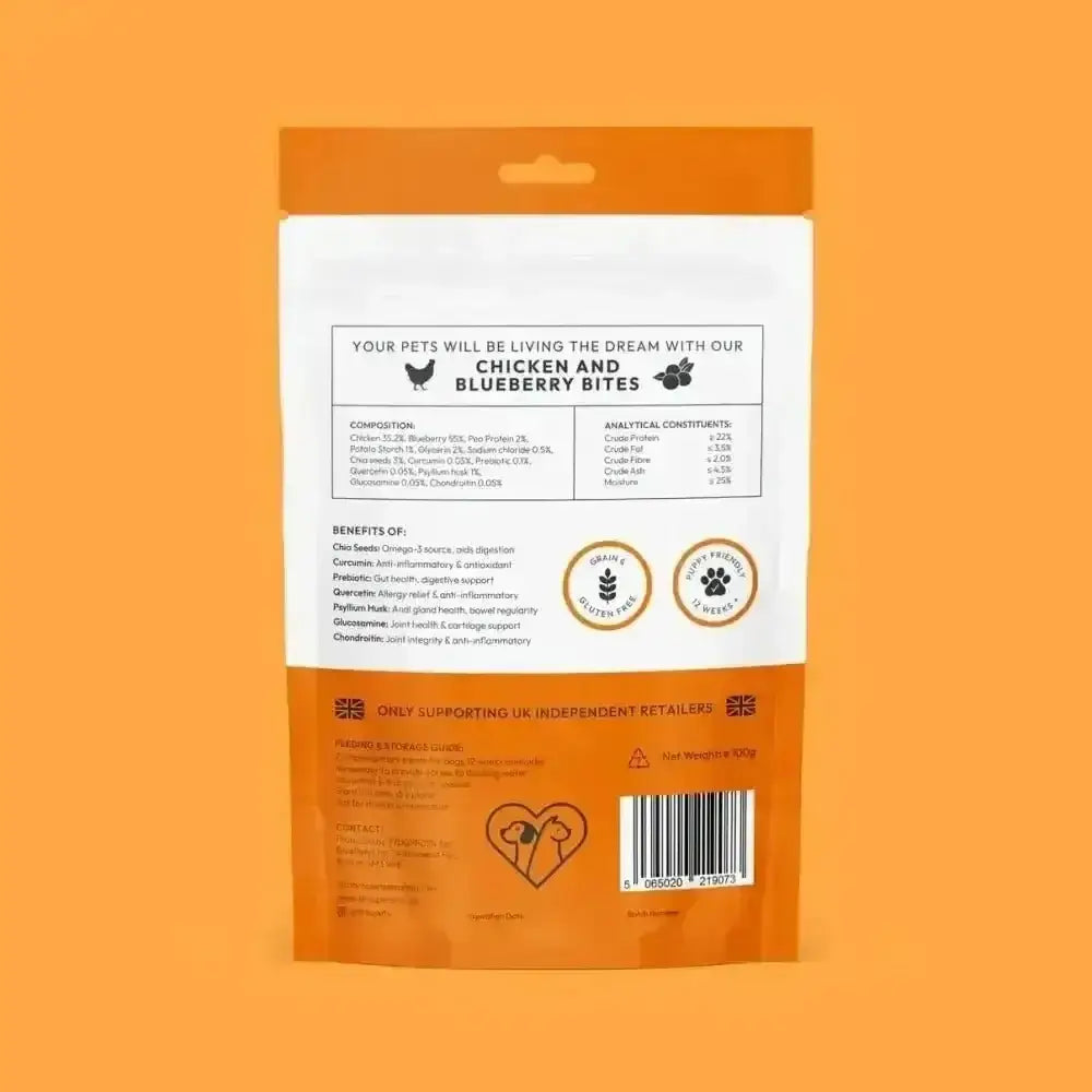 Bros Pets chicken and blueberry bites 100g pouch