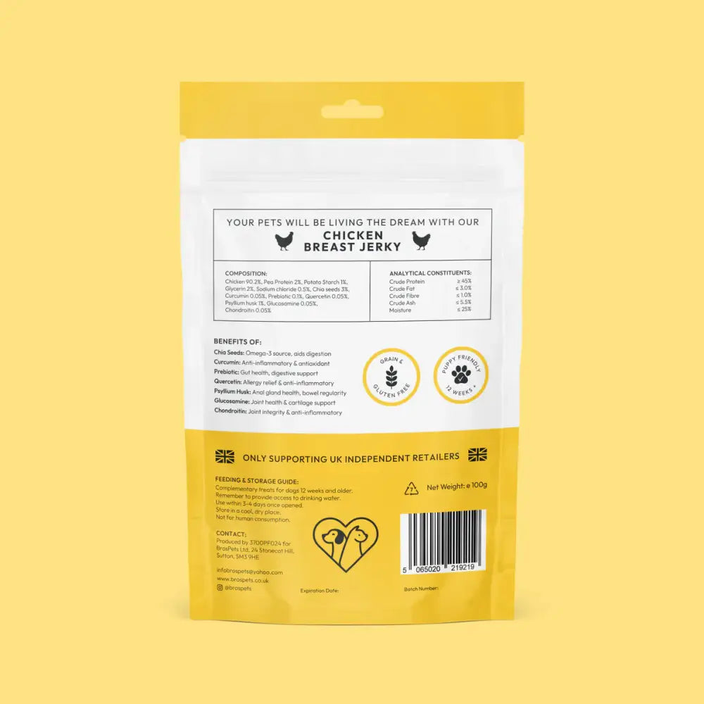 Bros Pets Chicken Breast Jerky 100g yellow and white pouch for pets