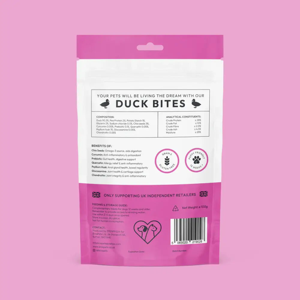 Bros Pets Duck Bites 100g pink white grain-free puppy treats