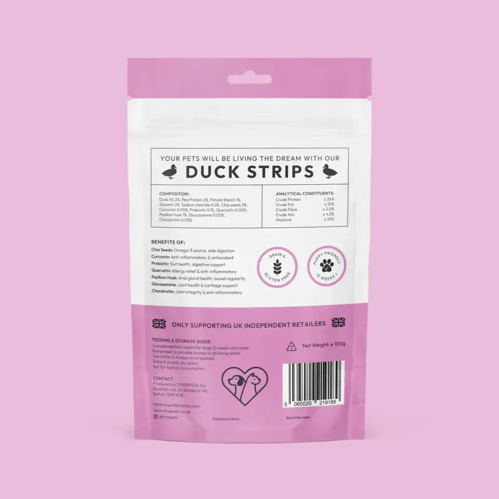 Bros Pets duck strips: pink and white 100g pet treats