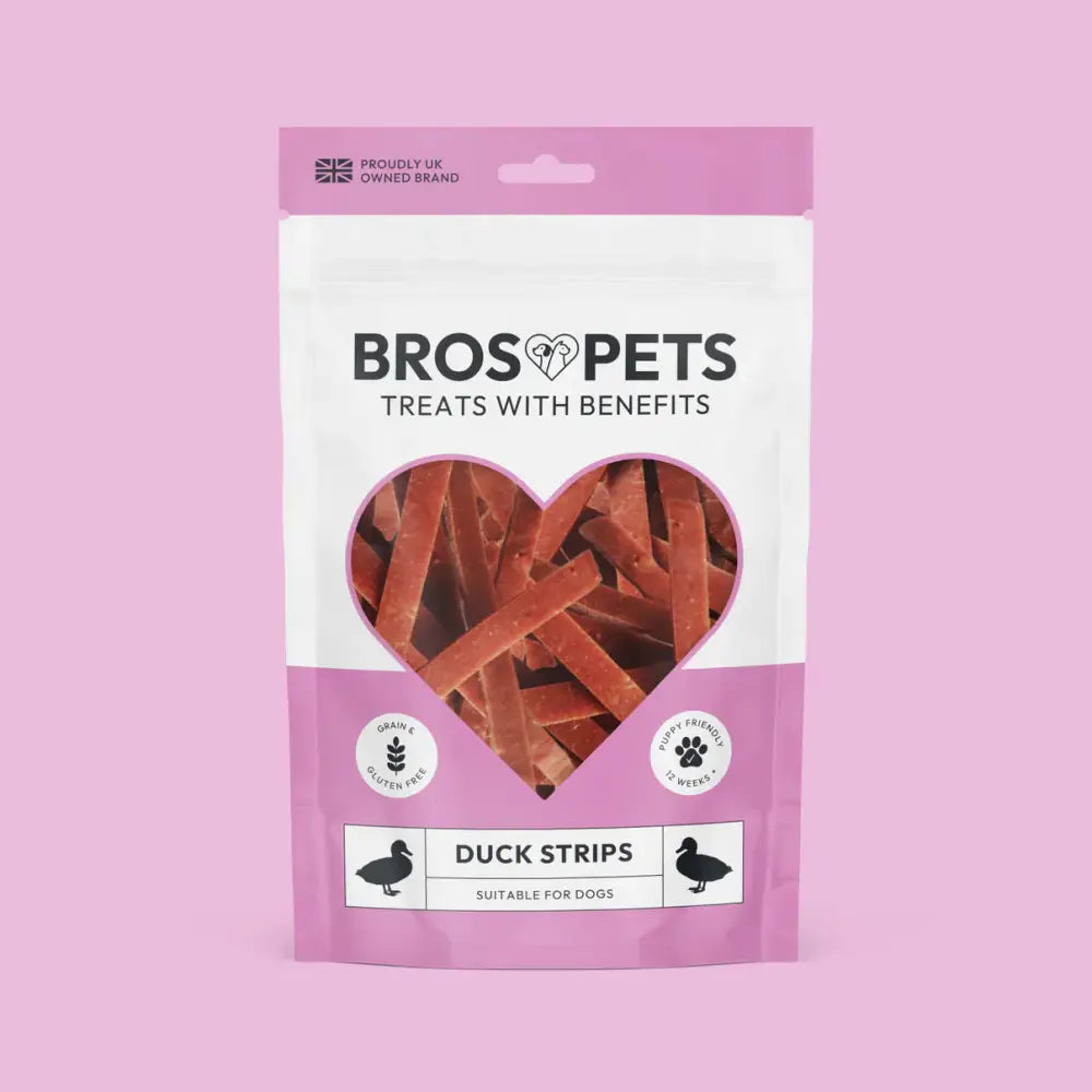 Bros Pets duck strips: pink resealable bag with heart window showing grain-free treats