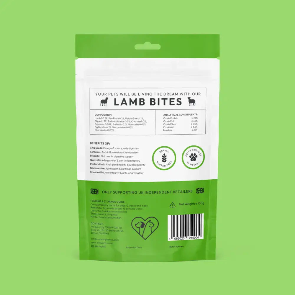 Bros Pets lamb bites 100g green white resealable pouch with perforated top