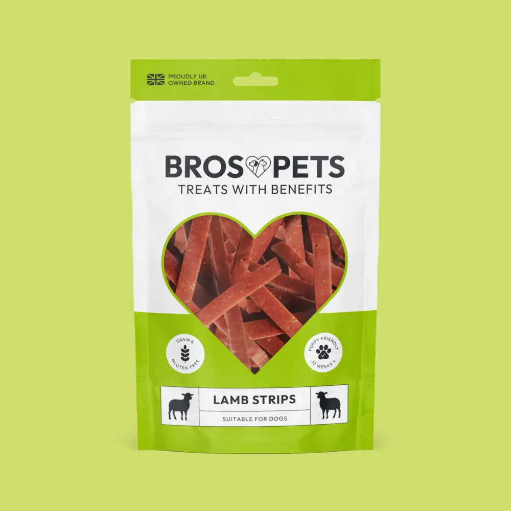 Bros Pets lamb strips 100g bag with heart window showing treats