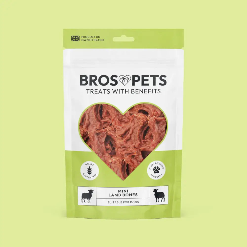 Bros Pets mini lamb bones 100g pack with heart window showing treats