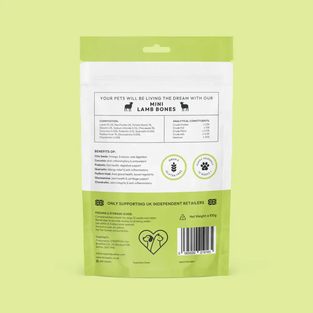 Bros Pets mini lamb bones 100g pouch with resealable top