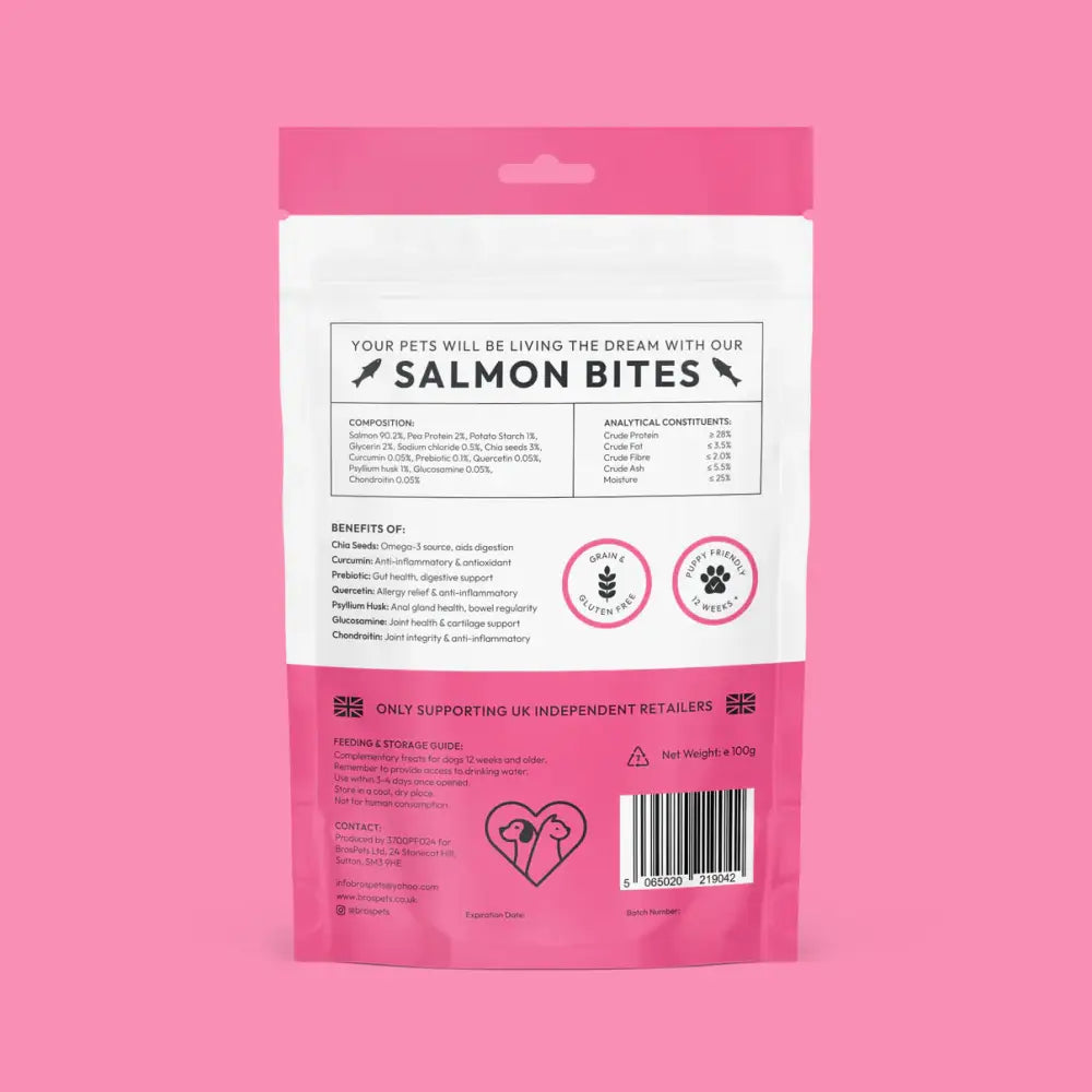 Bros Pets salmon bites 100g pink white resealable pouch with hang tab