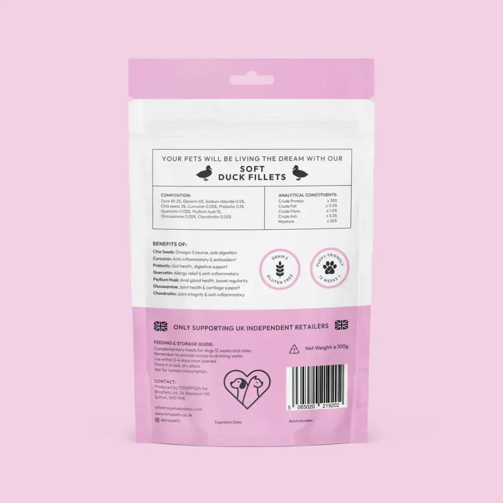 Bros Pets Soft Duck Fillets 100g pink and white pouch for pets
