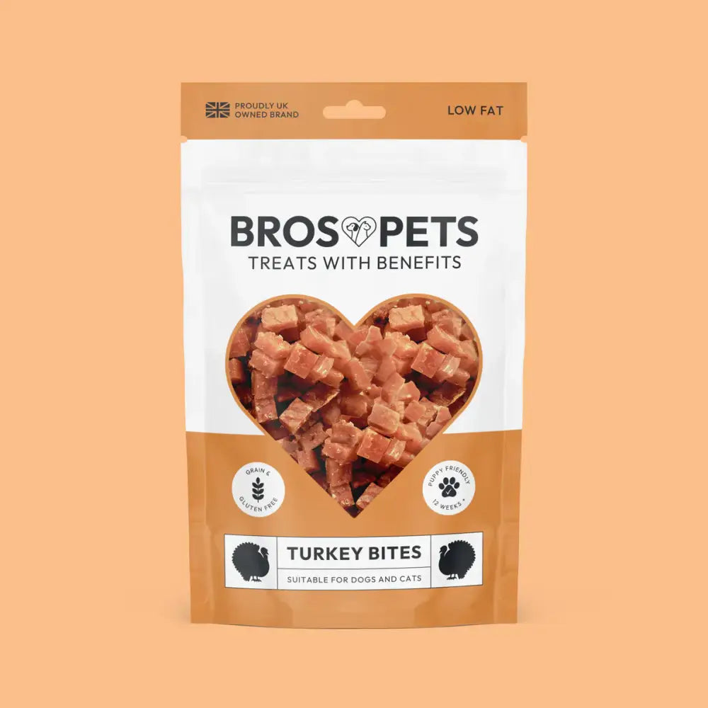 Bros Pets Turkey Bites: heart window bag with pink chunks for dogs and cats