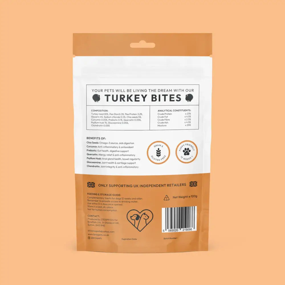 Bros Pets Turkey Bites 100g white orange resealable pouch