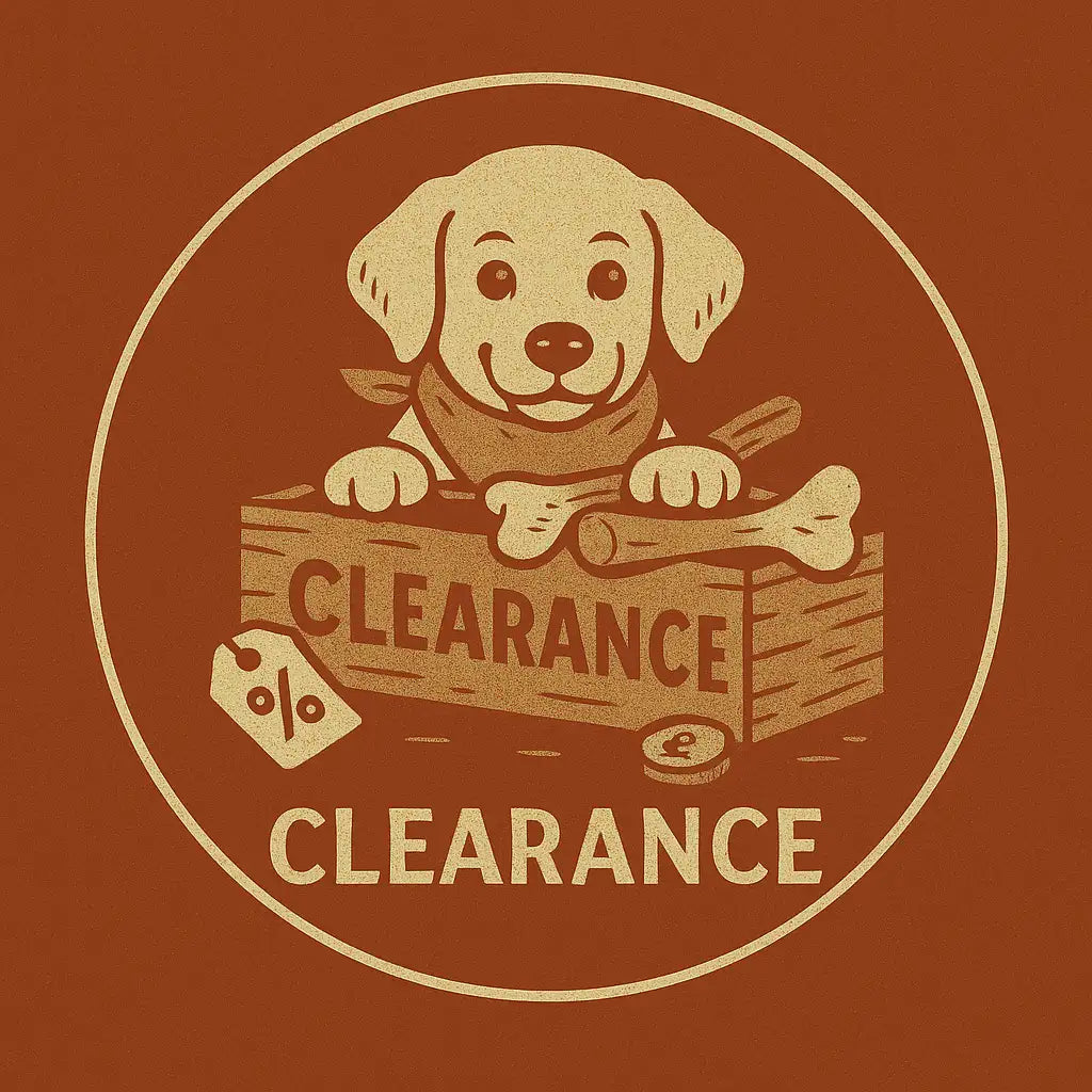 Brown dog bone shaped clearance sign with paw prints and percentage symbol on a red background.
