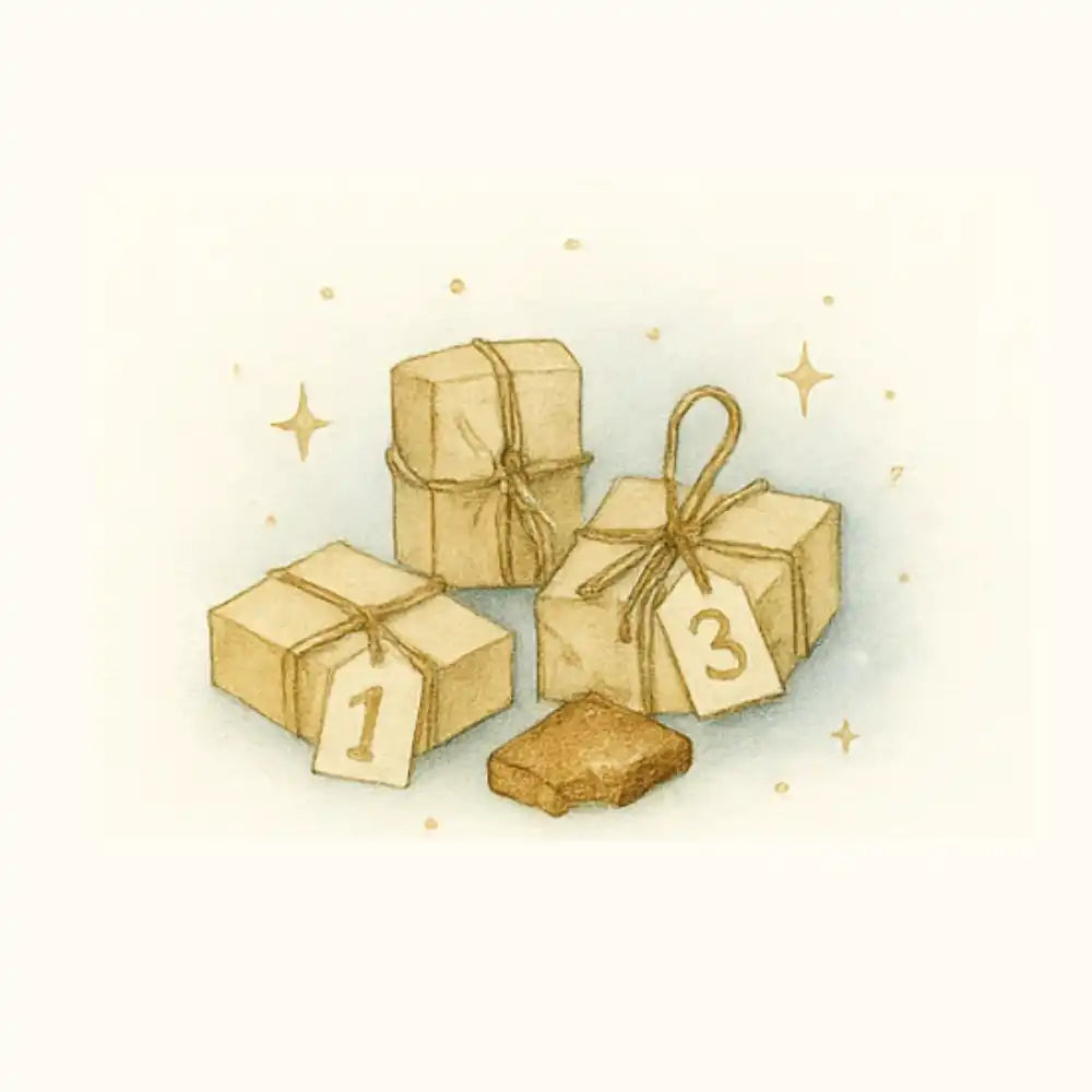 Brown paper wrapped gift boxes with numbered tags and twine bow