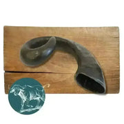 Black curved buffalo horn on wooden surface, natural dog chew