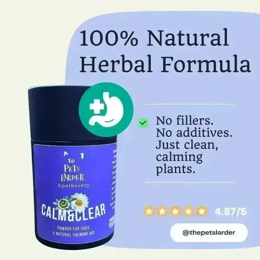 Natural herbal calming supplement for dogs in dark blue container with floral design