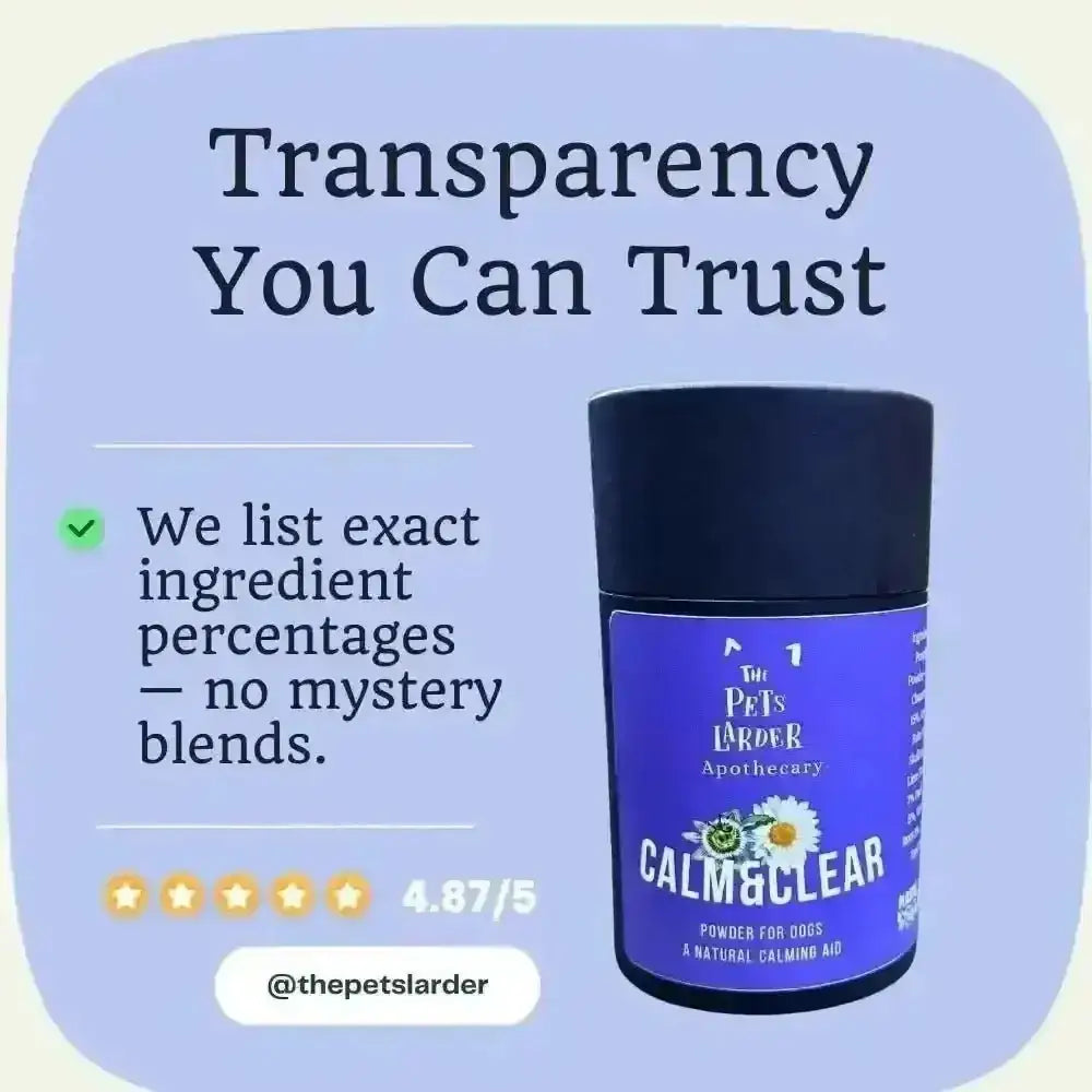 Lavender-colored container of Calm & Clear natural herbal calming supplement for dogs