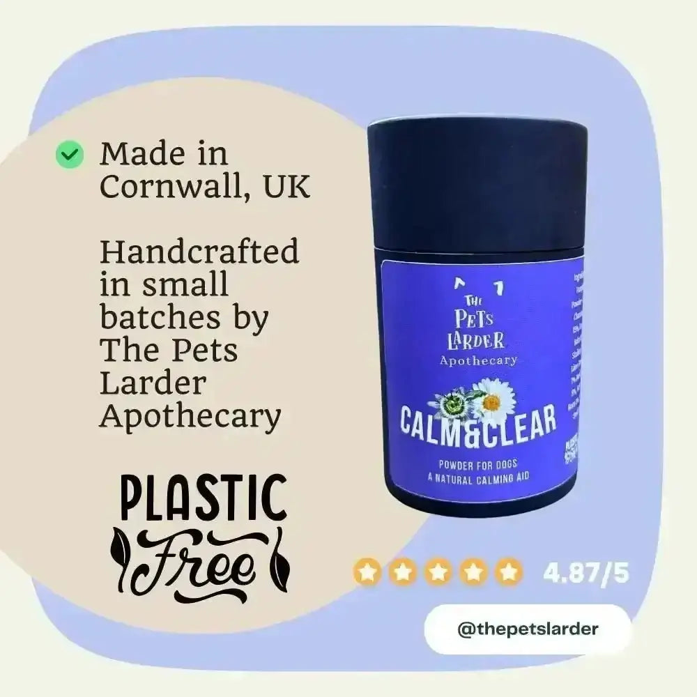 Blue powder container with floral design and black lid labeled Calm & Clear for natural herbal calming supplement