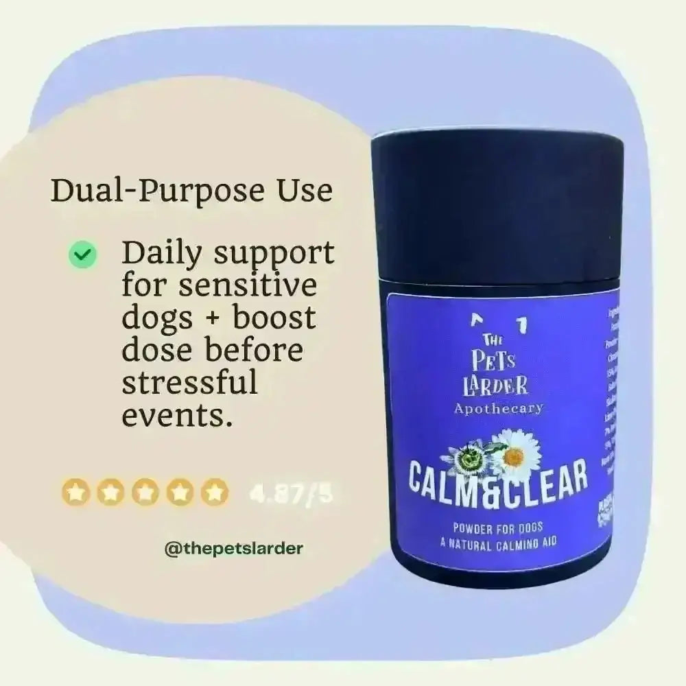 Blue jar with floral design containing natural herbal calming supplement for dogs