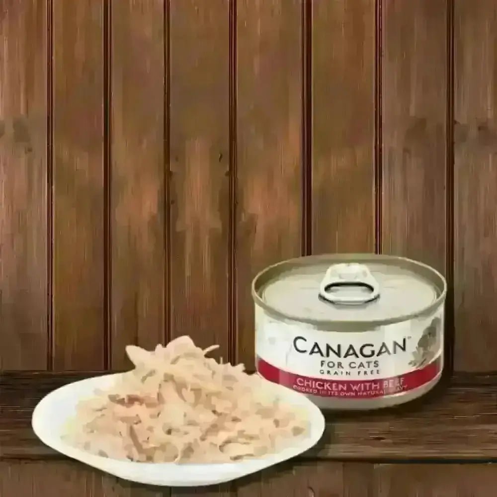 Canagan cat food can with chicken and beef flavor, tender shredded chicken on white plate