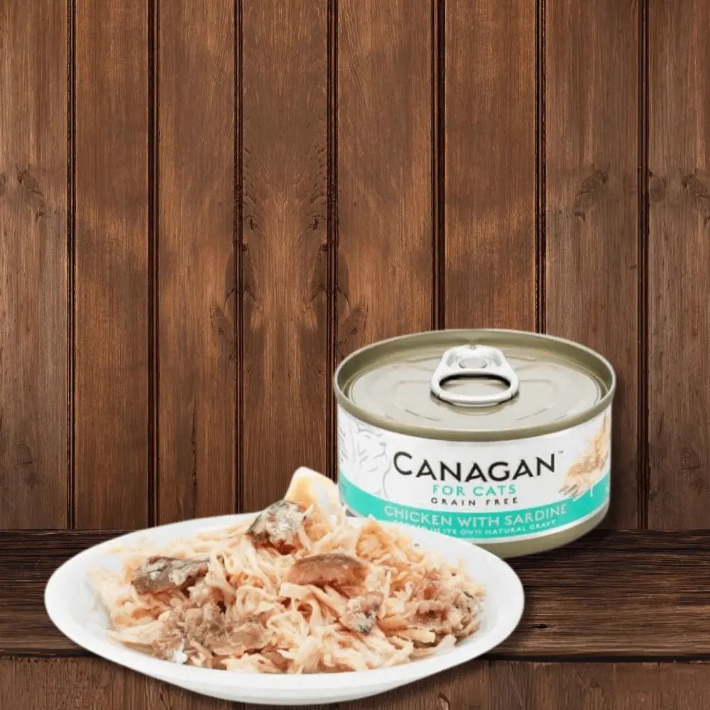 Canagan grain-free cat food canister with chicken and sardine flavor for highly nutritious complete cat food