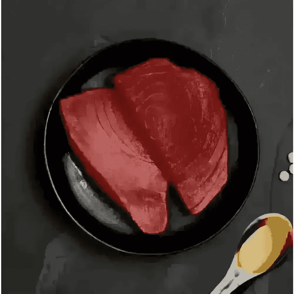 Raw ocean tuna steak plate with spoon and oil for Canagan Cat Food Can - Highly nutritious complete cat food