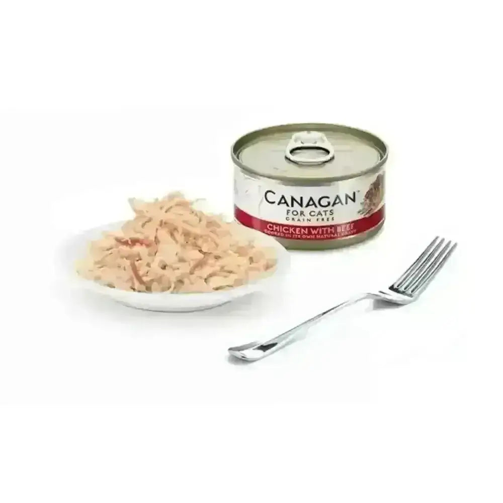 Canagan cat food can with tender shredded chicken and beef filling for cats