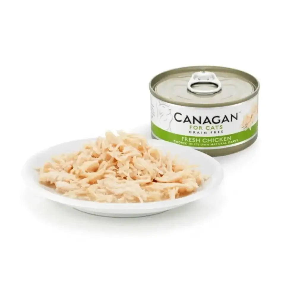Canagan cat food can with fresh chicken breast and green label, white lid