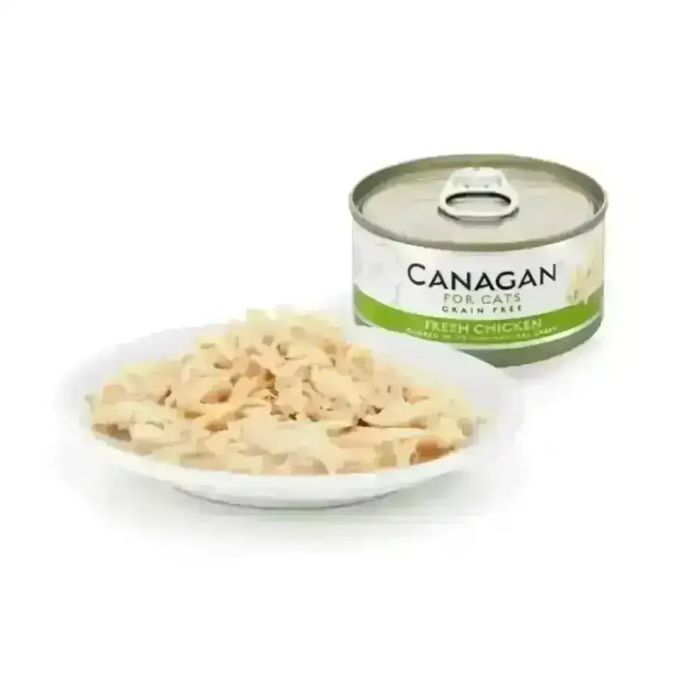 Canagan cat food can with fresh chicken breast and green label, white lid