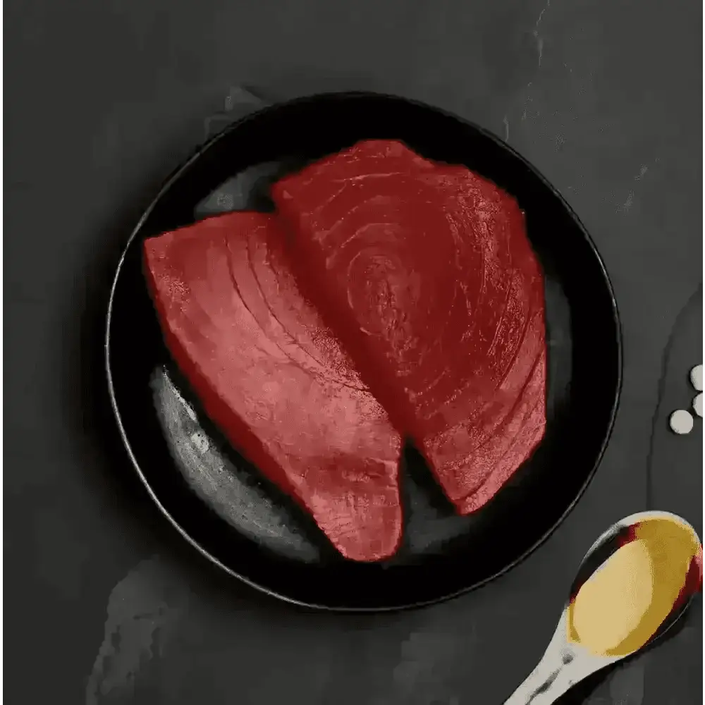 Raw ocean tuna steak plate with spoon and oil for Canagan Cat Food Can - Highly nutritious complete cat food