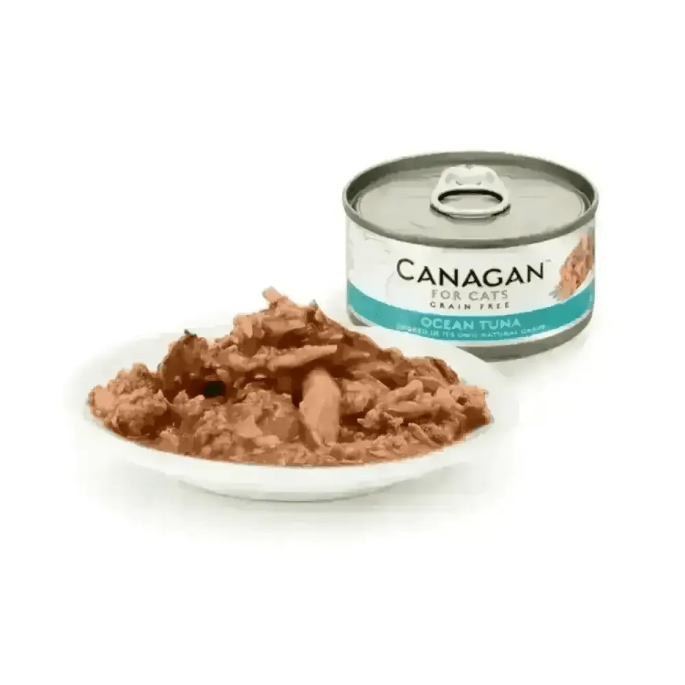 Canagan Ocean Tuna Cat Food Can with white lid and silver pull-tab, a highly nutritious complete cat food