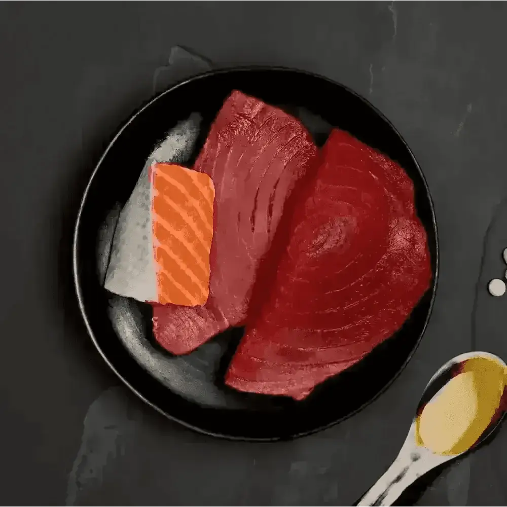 Salmon and tuna sashimi platter with soy sauce dip, ideal for highly nutritious cat food to accompany dry food