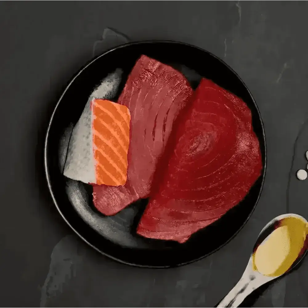 Salmon and tuna sashimi platter with soy sauce dip, ideal for highly nutritious cat food to accompany dry food