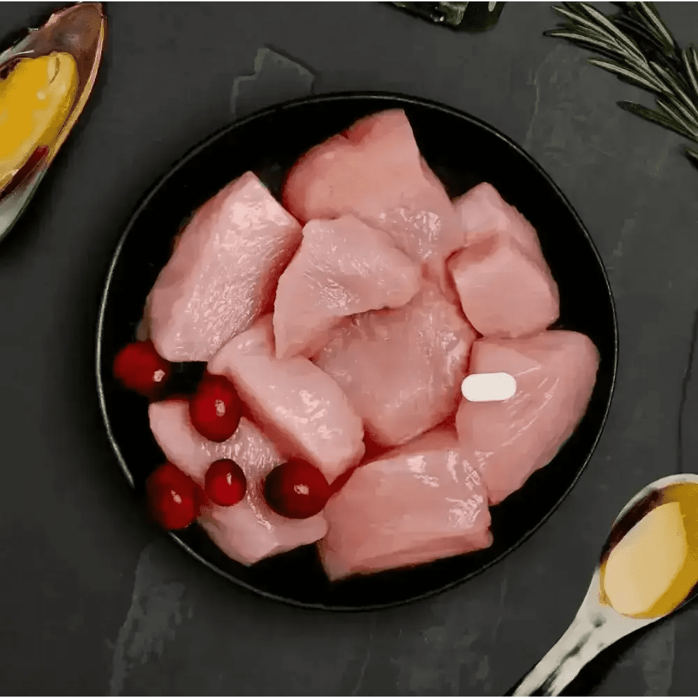 Canagan cat pouch with fresh chicken, cranberries on black plate