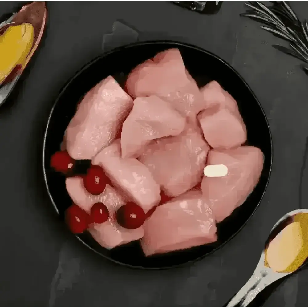 Canagan cat pouch with fresh chicken, cranberries on black plate