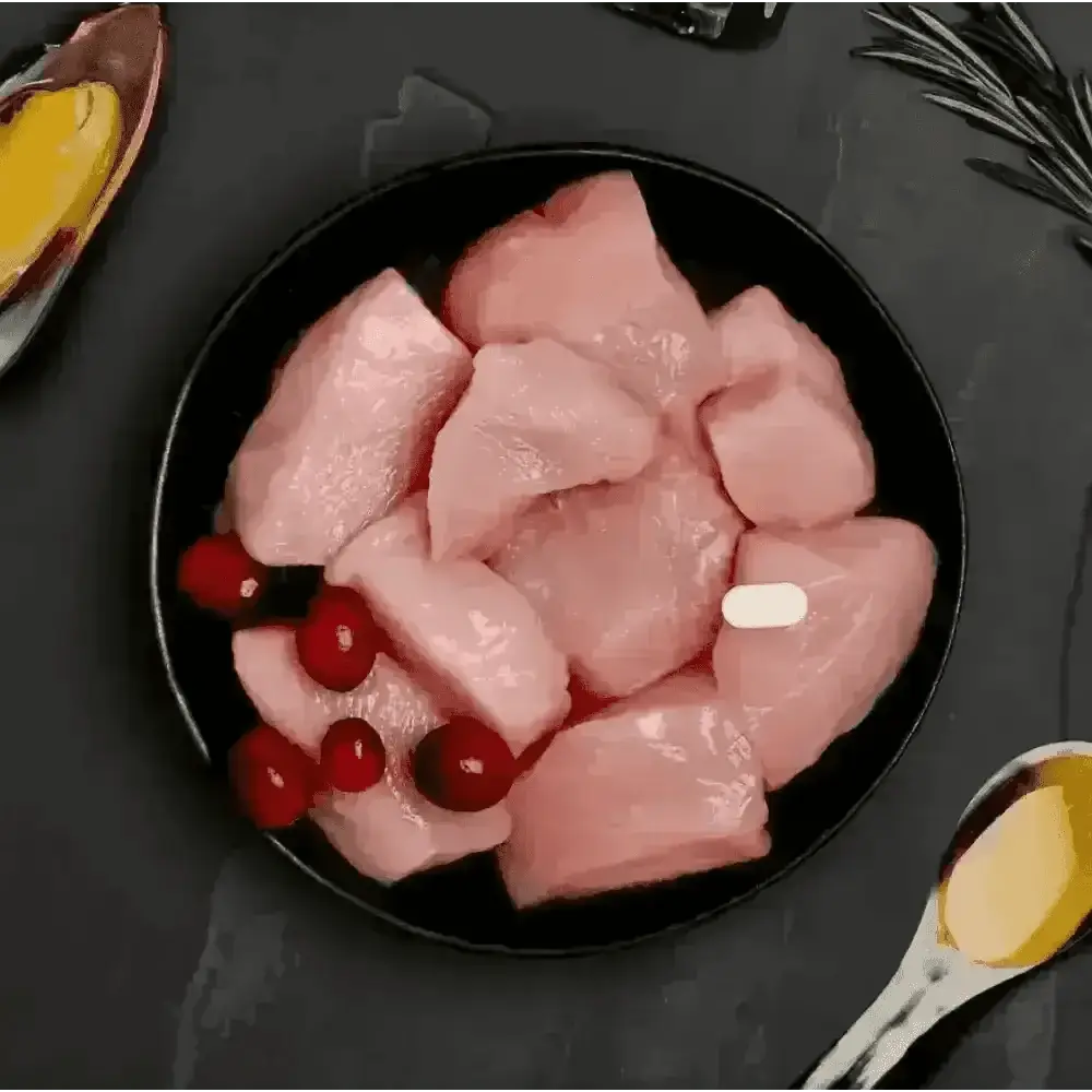 Canagan cat pouch with fresh chicken, cranberries on black plate