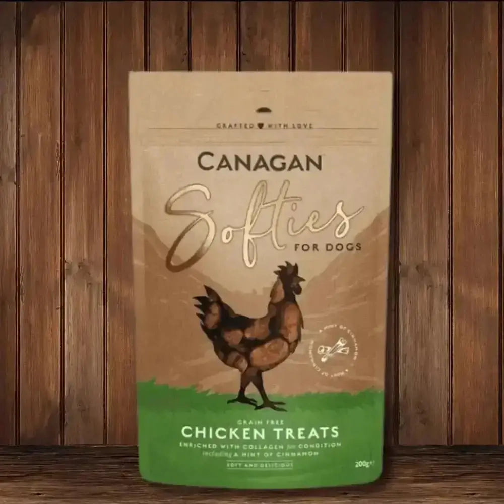Canagan Chicken Softies for Dogs 200g with rooster illustration, natural dog treats