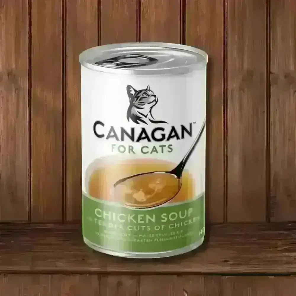 Canagan Chicken Soup for Kittens and Adults canister with white and green design featuring cat logo