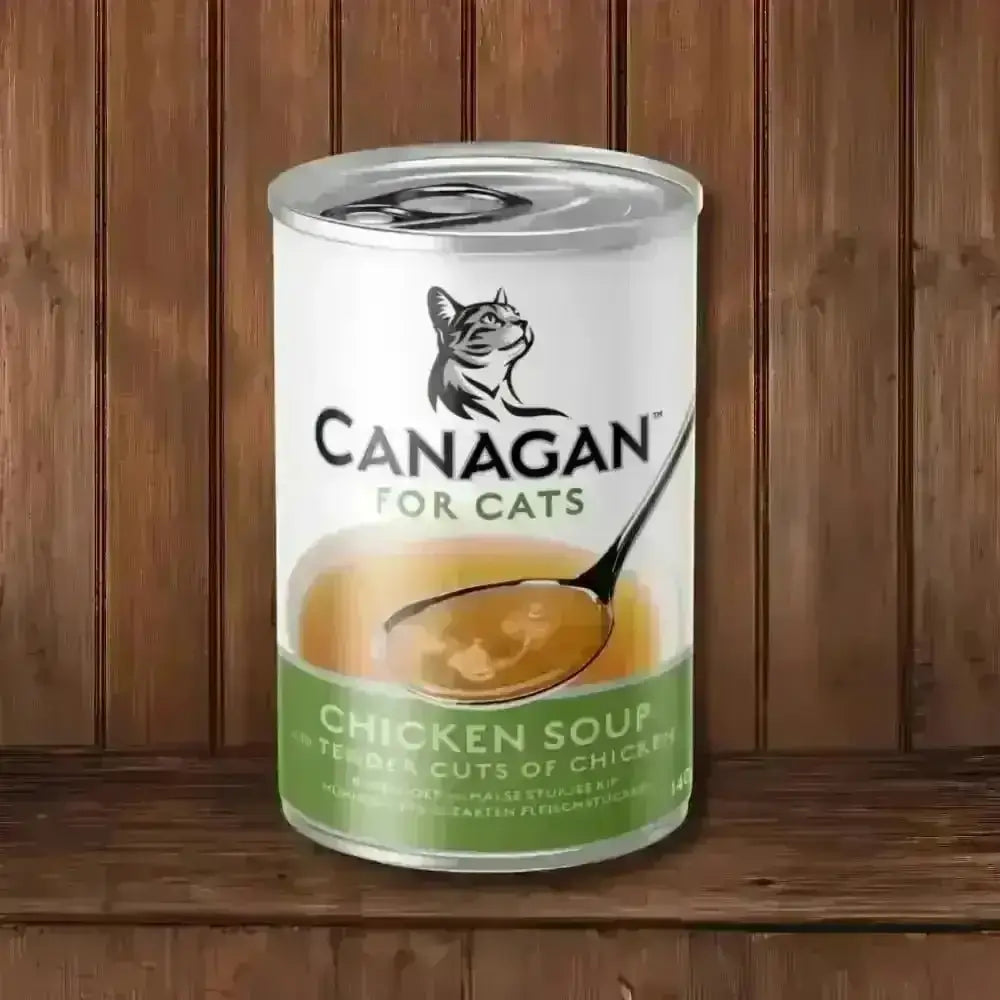 Canagan Chicken Soup for Kittens and Adults canister with white and green design featuring cat logo