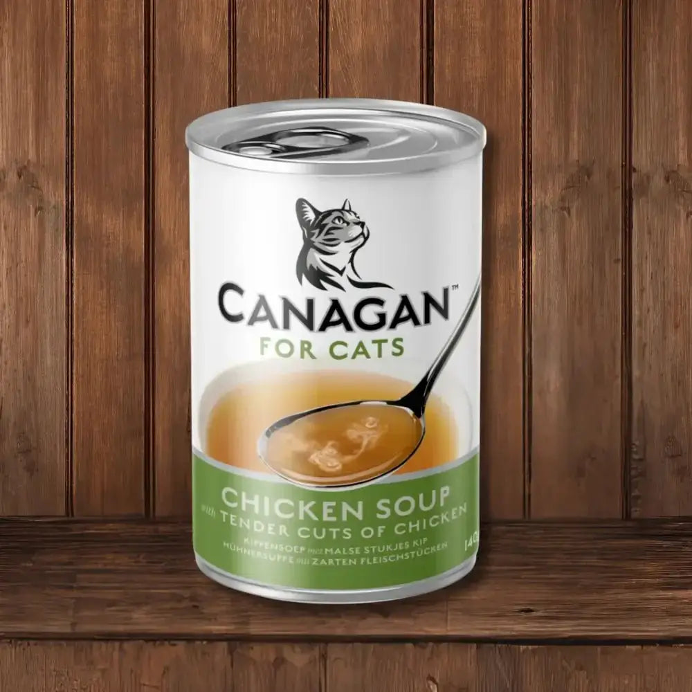 Canagan Chicken Soup for Kittens and Adults canister with white and green design featuring cat logo