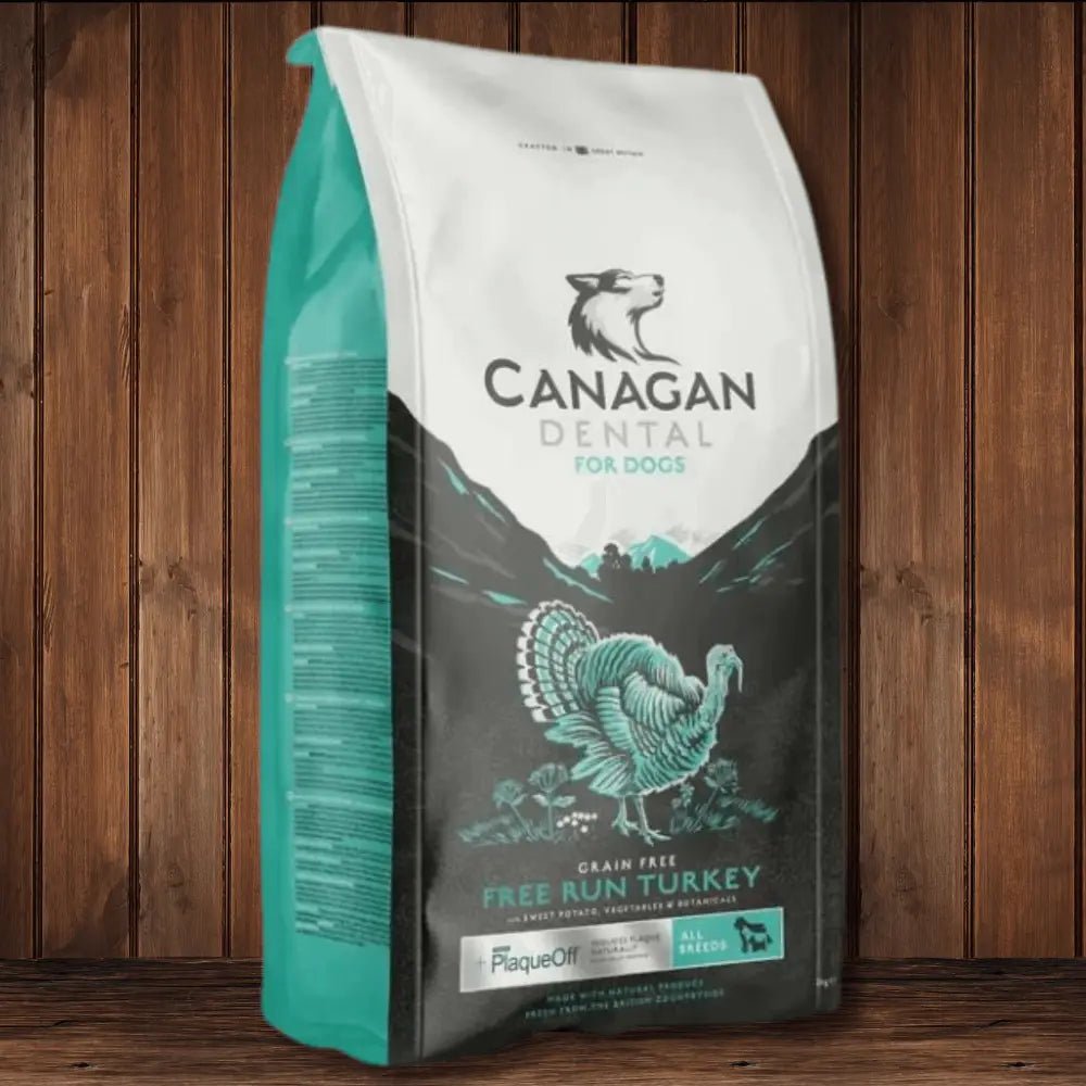 Canagan Dry Dog Food Dental bag with green and white design and free-run turkey illustration