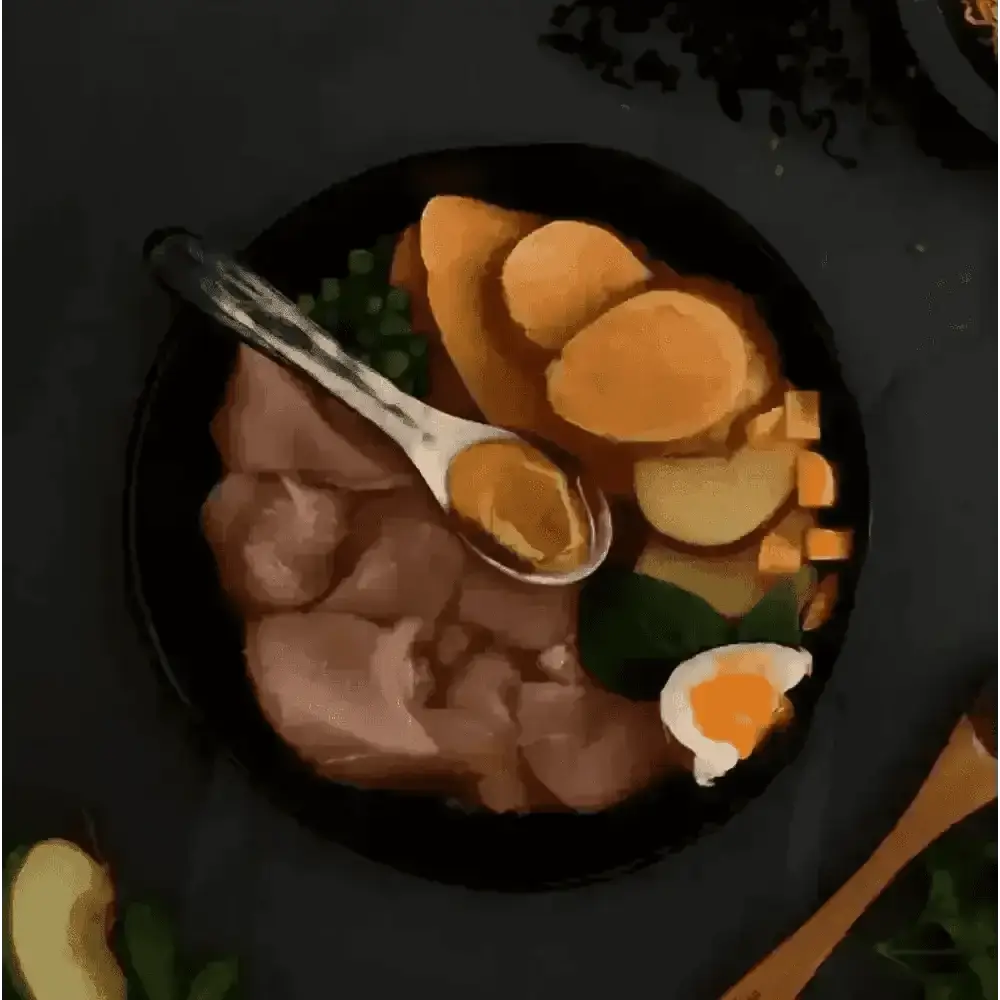 Black bowl with ham, sweet potato, and soft-boiled egg for grain free dog food with proden plaqueoff®