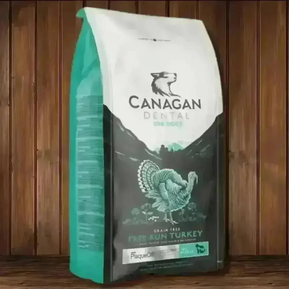 Canagan Dry Dog Food Dental bag with green and white design and free-run turkey illustration