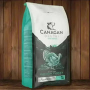 Canagan Dry Dog Food Dental bag with green and white design and free-run turkey illustration