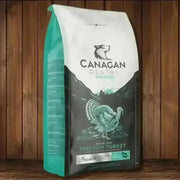 Canagan Dry Dog Food Dental bag with green and white design and free-run turkey illustration