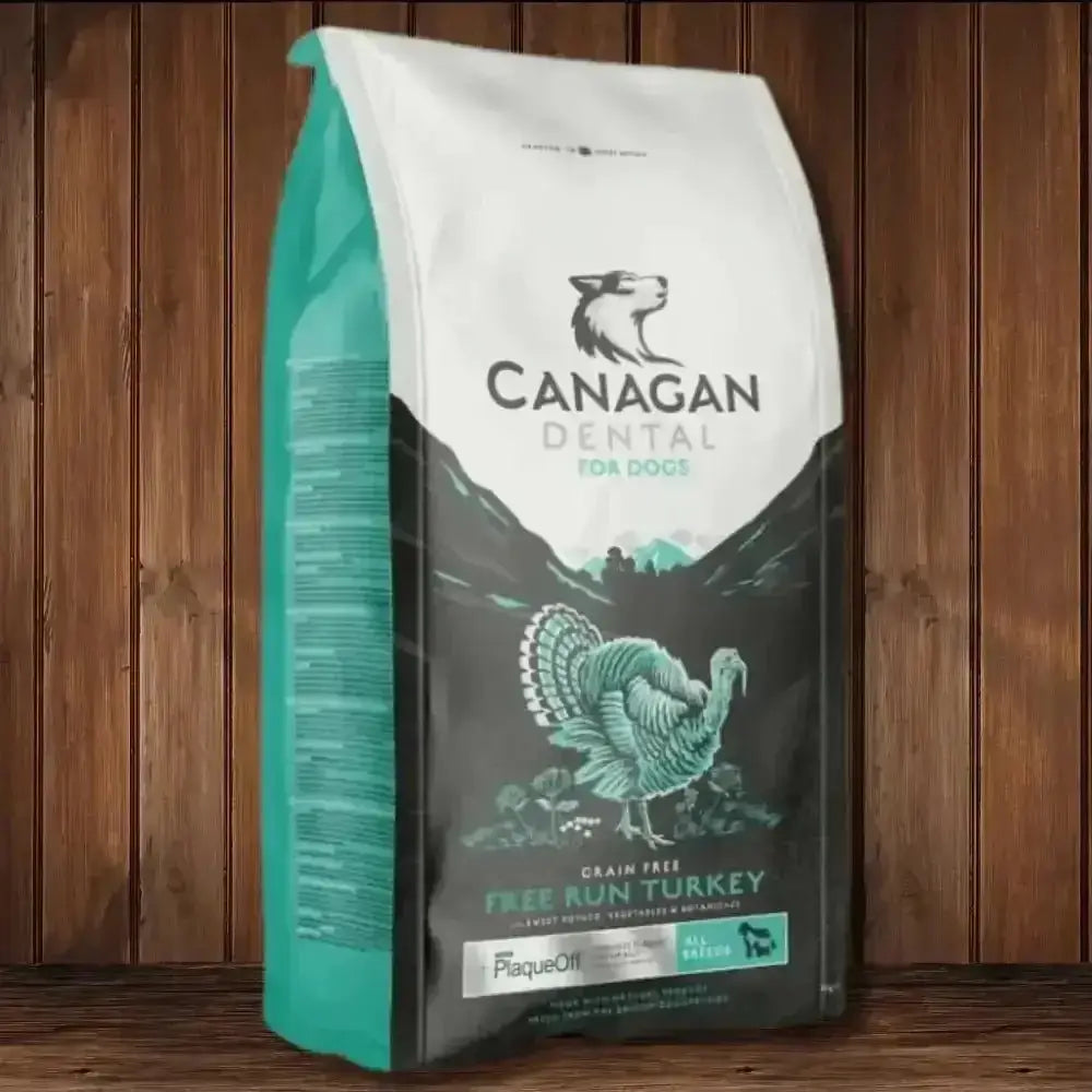 Canagan Dry Dog Food Dental bag with green and white design and free-run turkey illustration